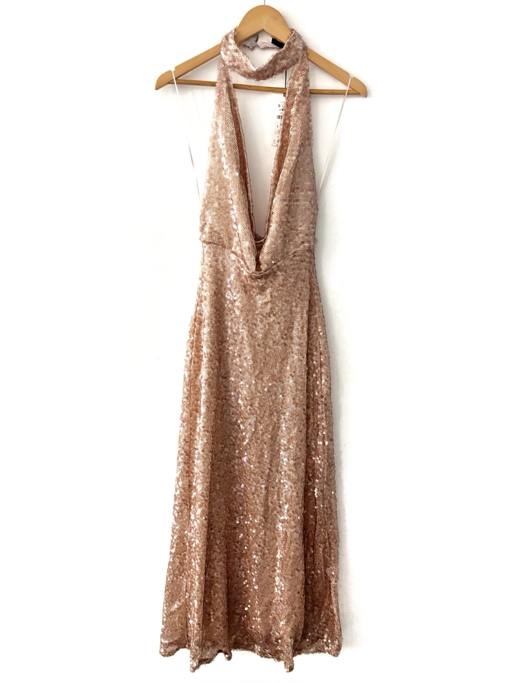 Zara Sequin Mesh Halter Neck Maxi Dress NWT Rose Gold Champagne Size Small - Picture 5 of 10